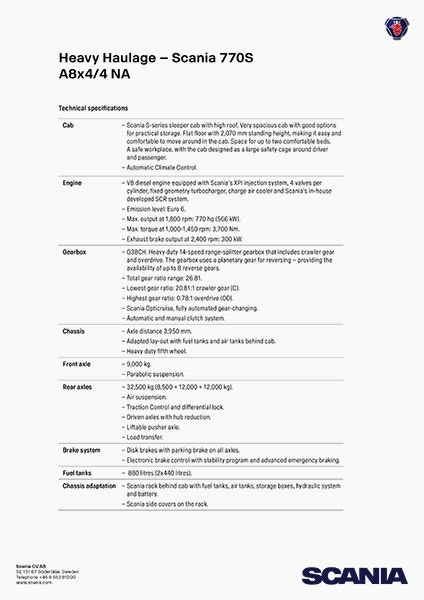 v8 Heavy Haulage Scania 770S tech specifications
