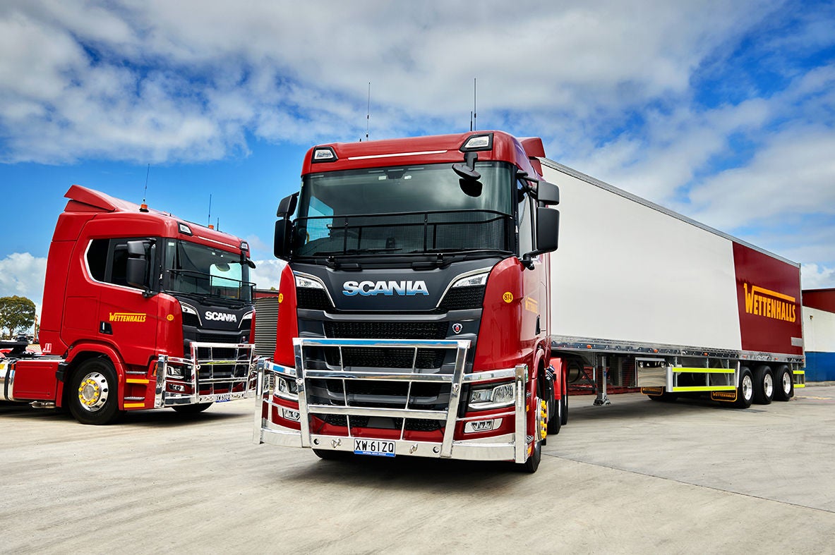 Red Scania truck with Wettenhalls trailer