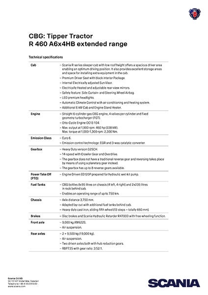 CBG tipper tractor R440 tech specifications
