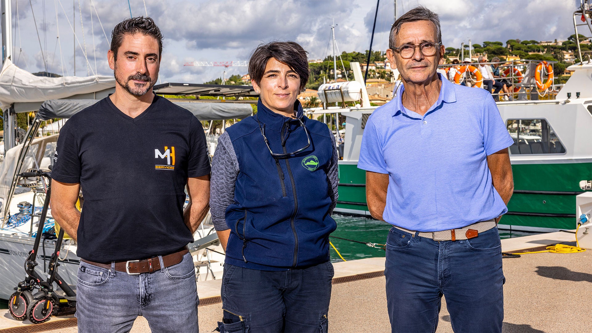 Mickaël Pujol, président de Motor Head Services, Stéphanie Marin, capitaine de l'Espadon III, et Denis Robert, dirigeant des Bateaux Verts.