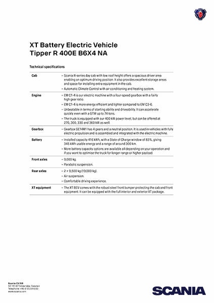 XT Battery Electric Vehicle Tipper tech specifications