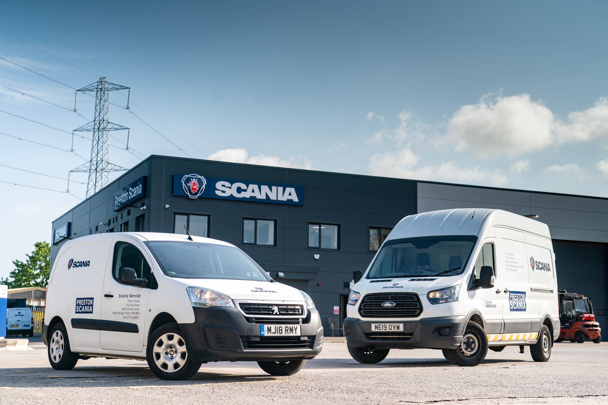 Scania vans in front of Preston depot