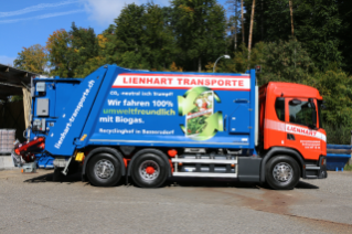 CO2-neutral ist Trumpf. Die Firma Lienhart Transporte AG fährt dank Biogas 100% umweltfreundlich.