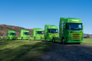 Fünf von insgesamt 25 neuen Scania Sattelzugmaschinen vor der Inbetriebnahme in Hedingen.
