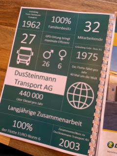 Einige Eckdaten der DusSteinmann Transport AG auf einer Seite kurz zusammen-gefasst.
