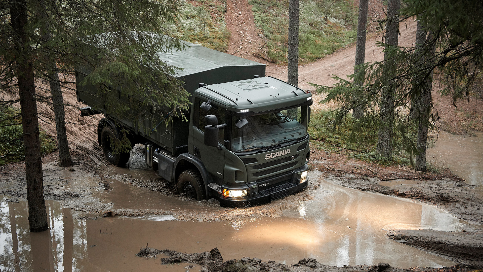 Scania P 360 CB 4x4, general cargo flatbed with container locks.