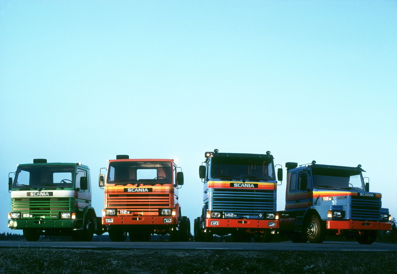 Scania GPRT range launched in 1981. From the left: 82M, 112E, 142H, 112M
 