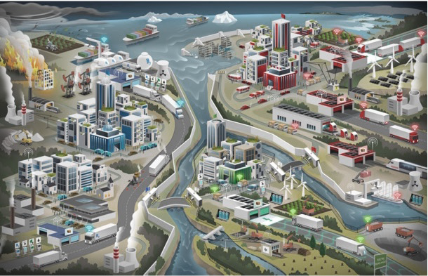 City illustration, diverging roads