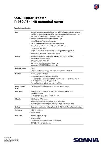 CBG tipper tractor R440 tech specifications
