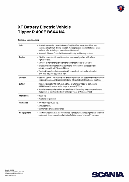 XT Battery Electric Vehicle Tipper tech specifications