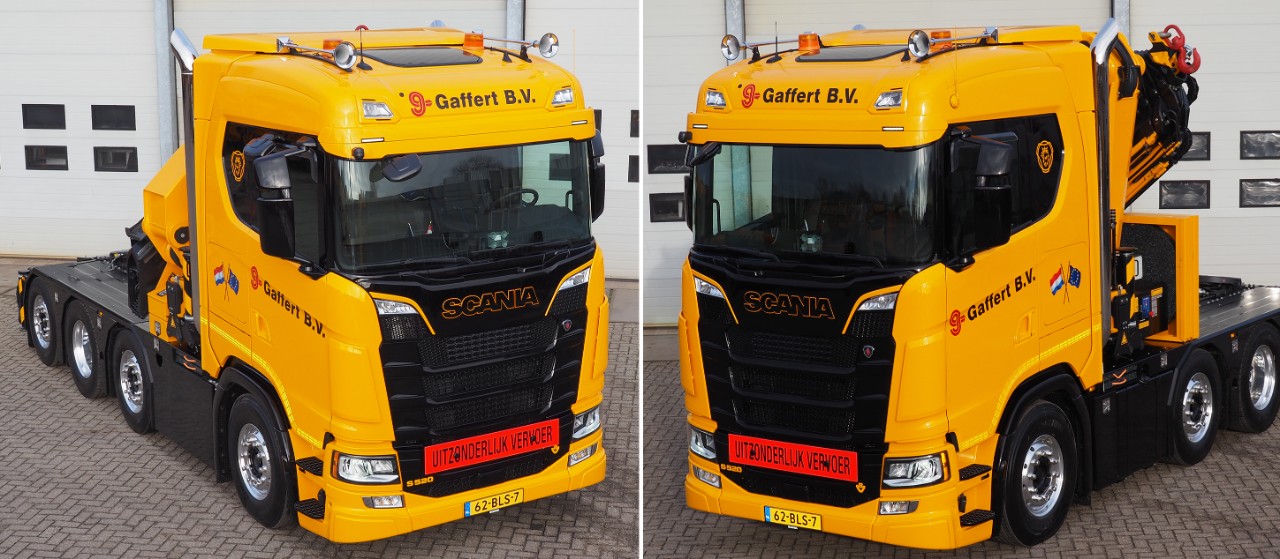 Compact Scania crane truck is specially configured for tight turns