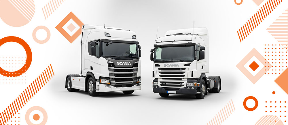 Two white Scania trucks on orange and white background