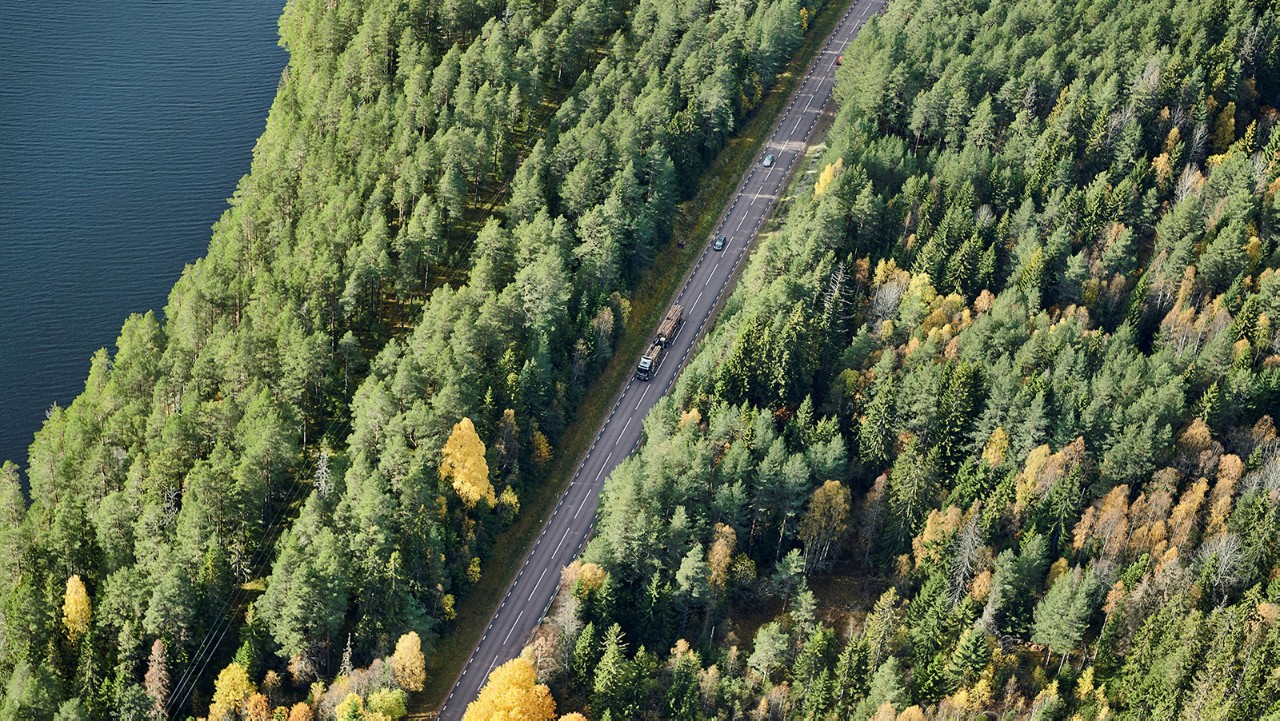 Scania jadąca przez las 