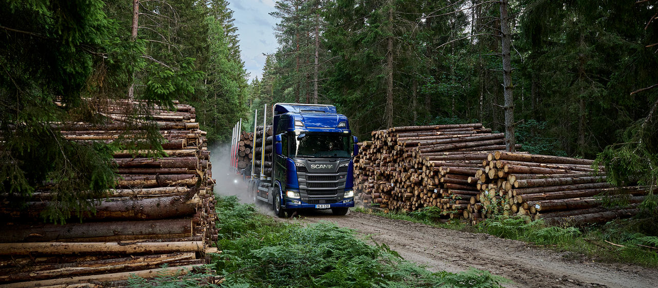 Scania lastbil vid timmer