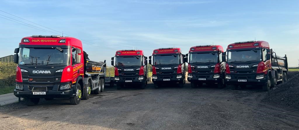 A row of five Larkin's Scania trucks outside Haydock Commmercials