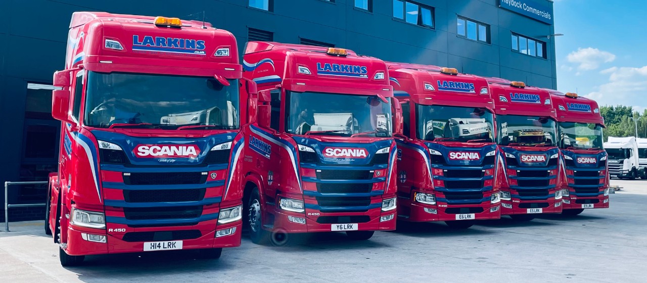 A row of five Larkin's Scania trucks outside Haydock Commmercials