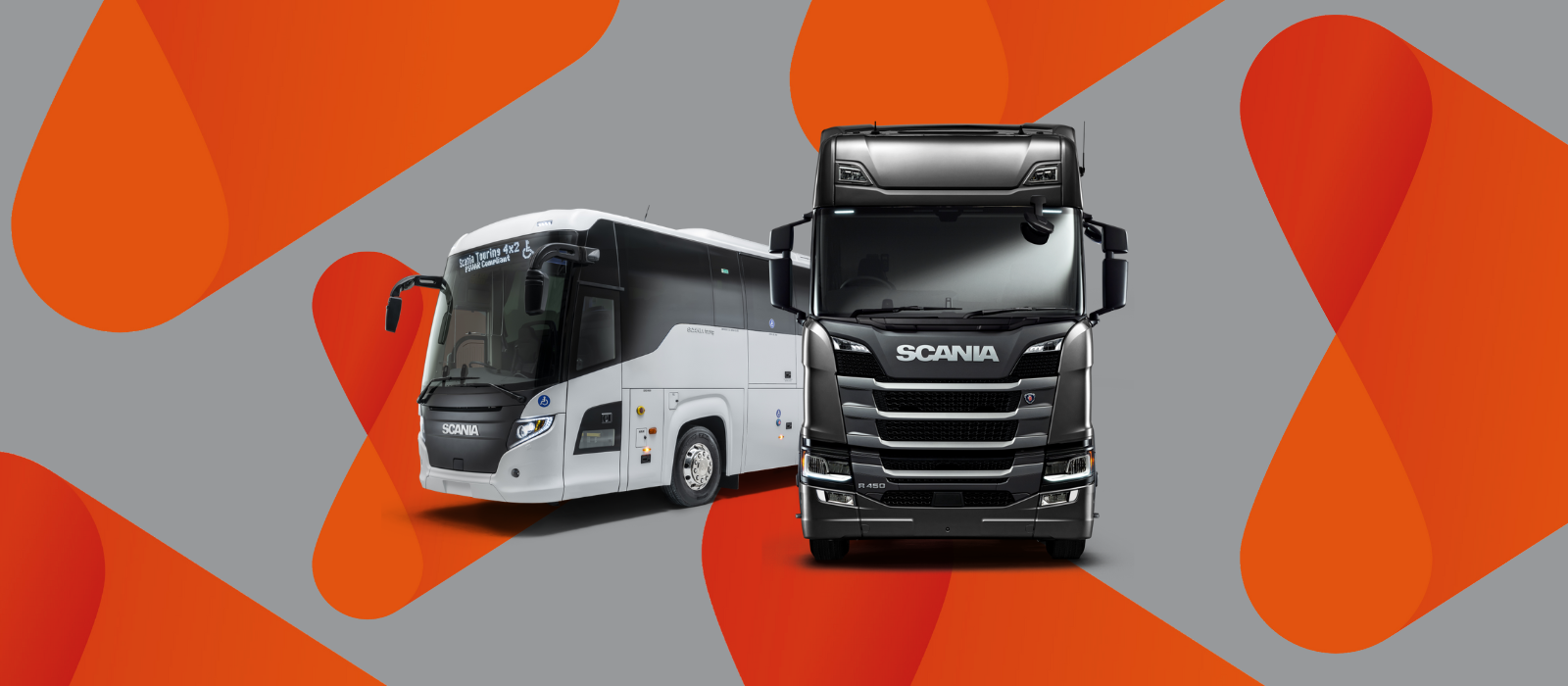 White Scania coach and black Scania S-Seires truck on orange background