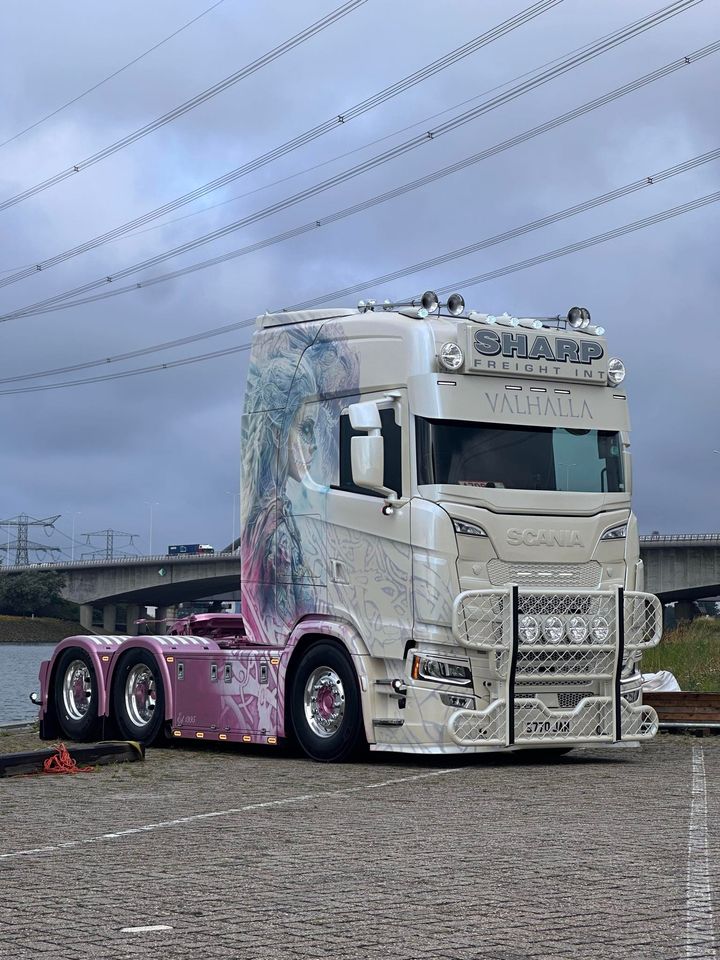 Sharp Freights blue, pink and white Scania 770 S V8