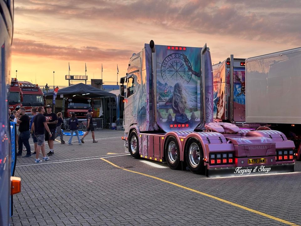 Sharp Freights blue, pink and white Scania 770 S V8