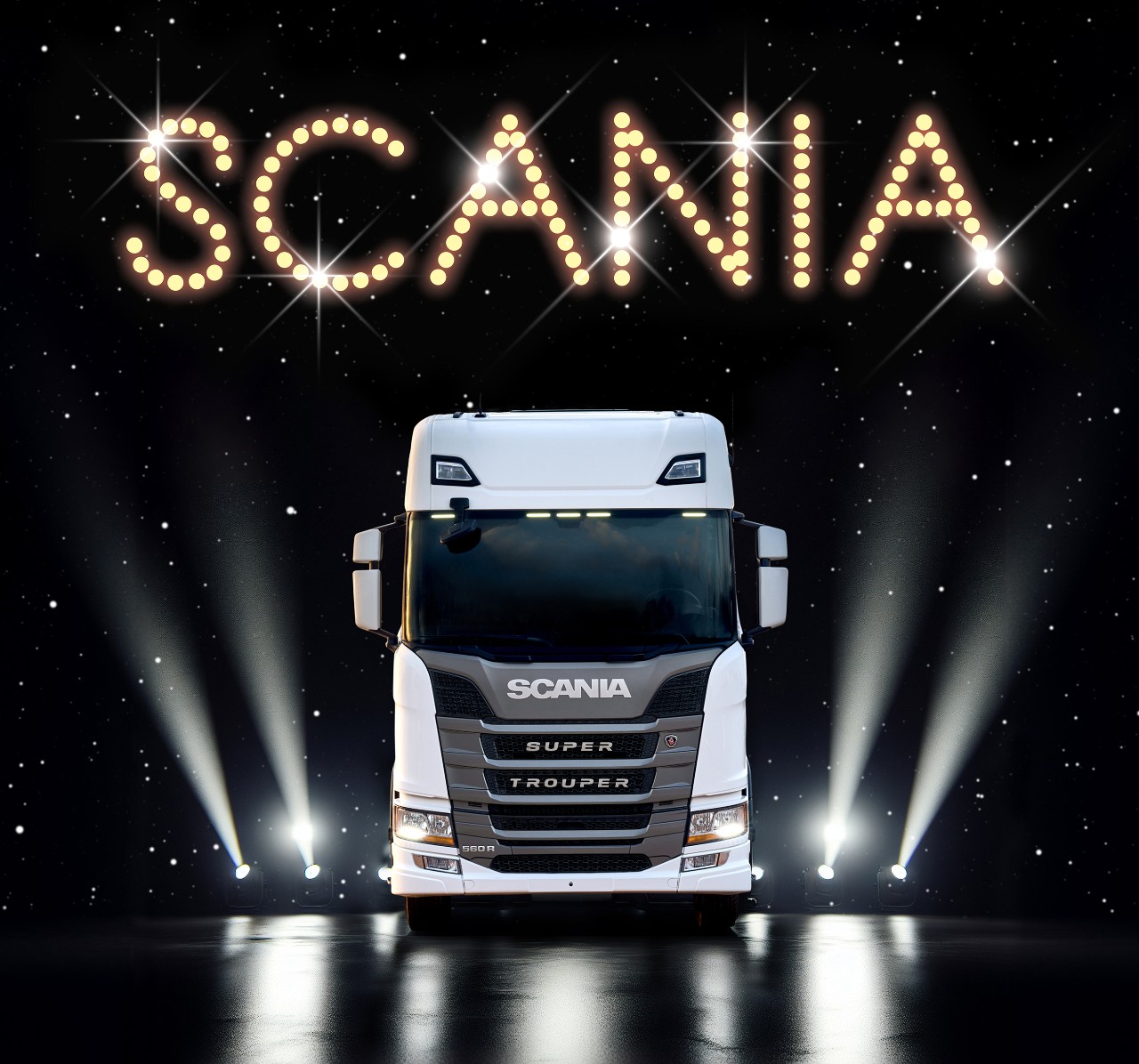 Scania SuperTrouper on stage with Scania in lights