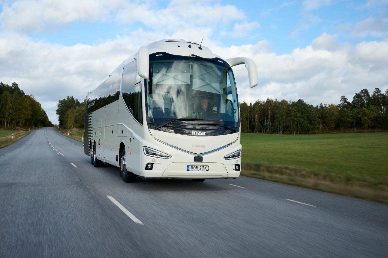 White bus on hill