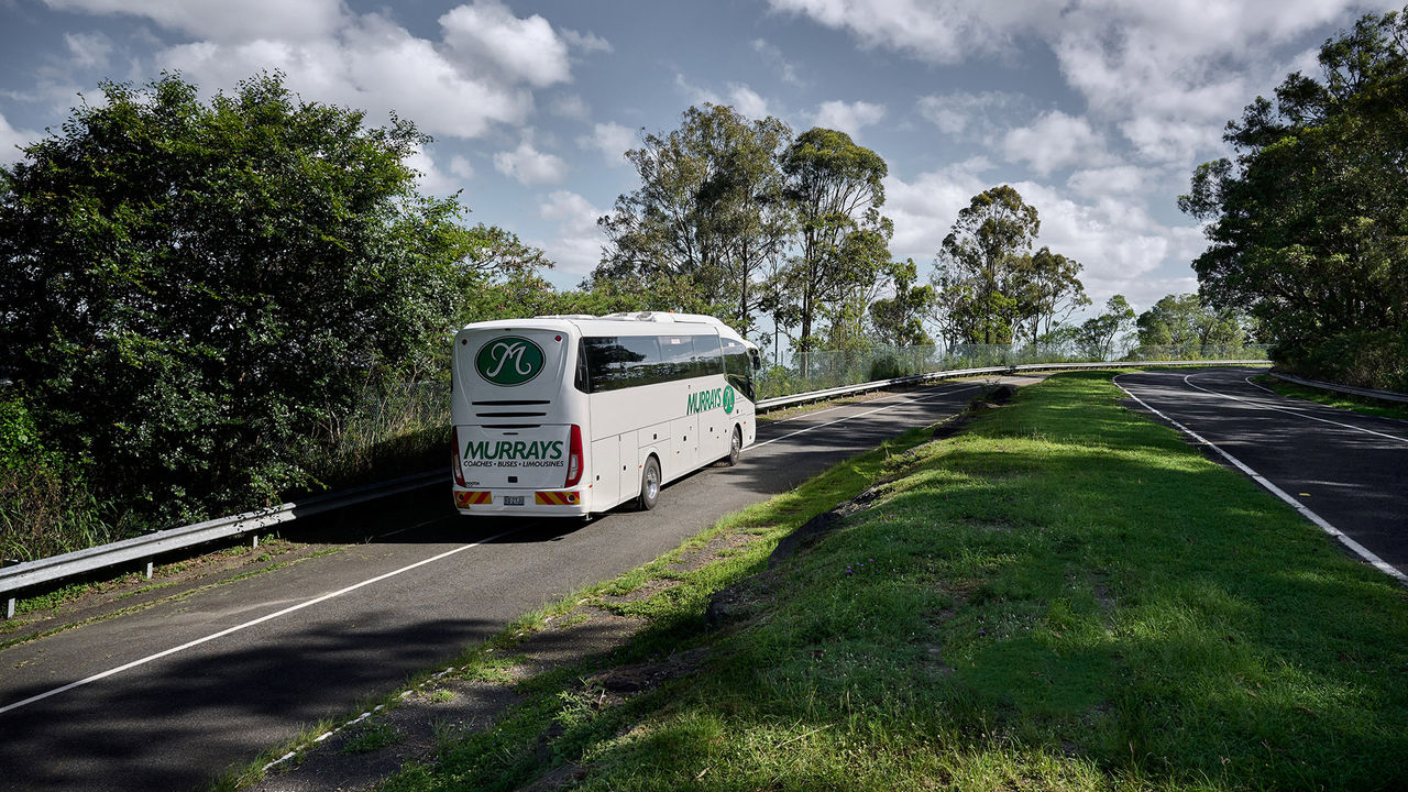 Murrays Coaches biodiesel-fuelled Scania coach driving on a scenic Australian countryside road.
